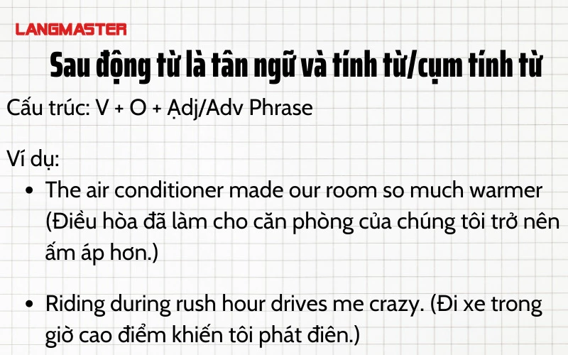 Sau động từ là tân ngữ và tính từ/cụm tính từ