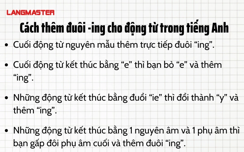 Cách thêm đuôi -ing cho động từ trong tiếng Anh