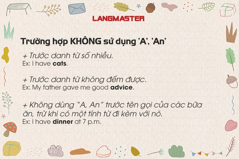 trường hợp không dùng a, an, the