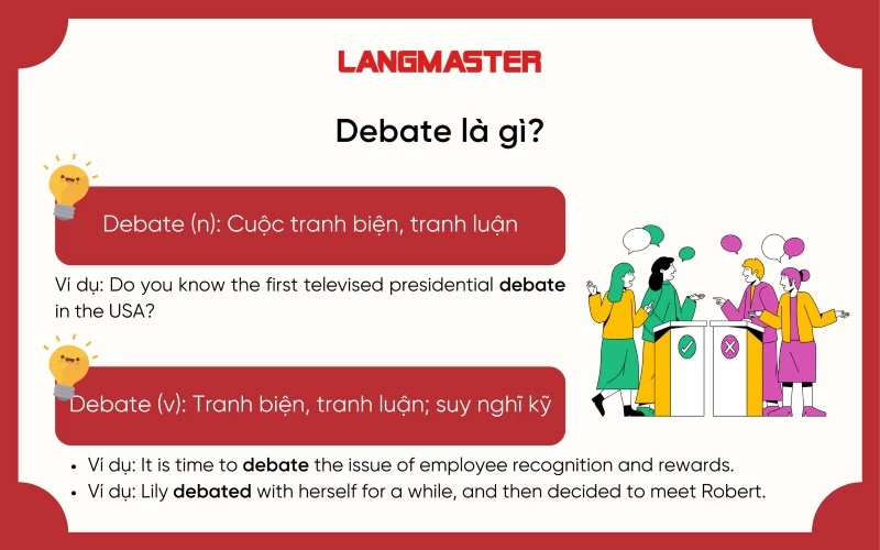 Debate (n,v) là tranh luận, tranh biện trong tiếng Anh