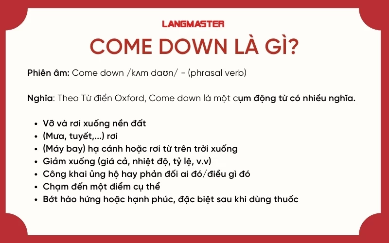 Come down là cụm động từ có nhiều nghĩa