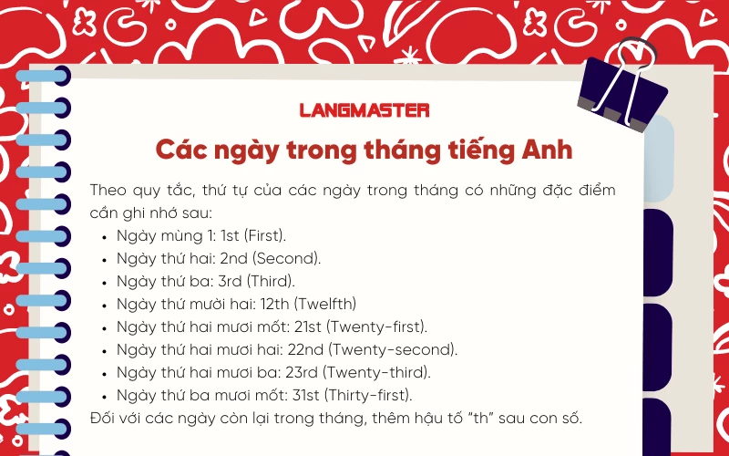 các ngày trong tháng