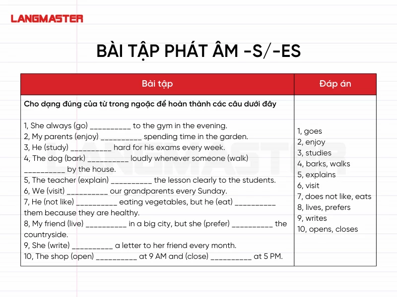 bài tập phát âm s, es trong tiếng anh