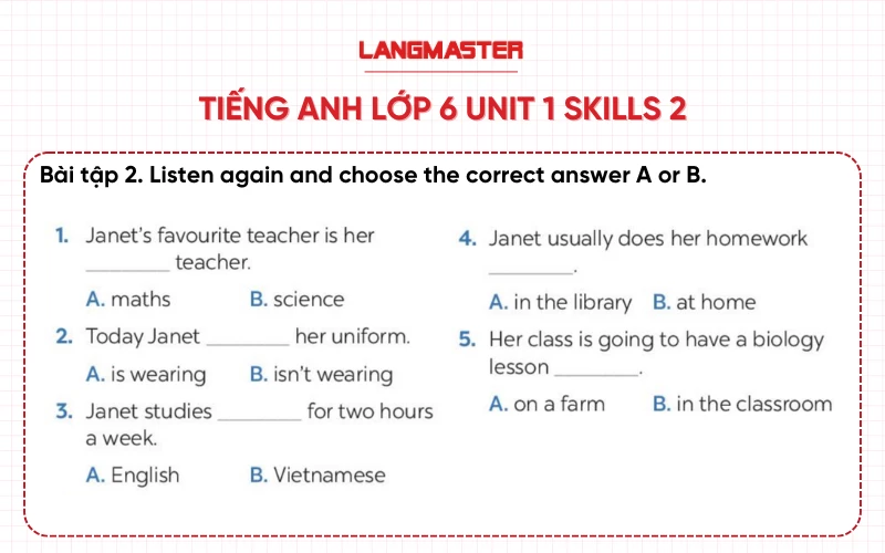 Bài 2 Tiếng Anh lớp 6 Unit 1 Skills 2 Global Success