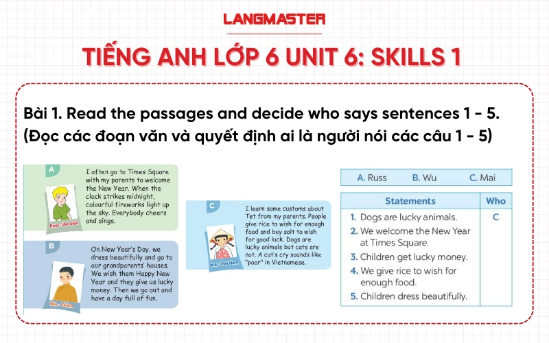 Bài 1 Tiếng Anh lớp 6 Unit 6 Skills 1 sách Global Success