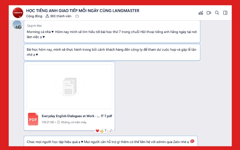 Nhóm học tiếng Anh trên Zalo Langmaster